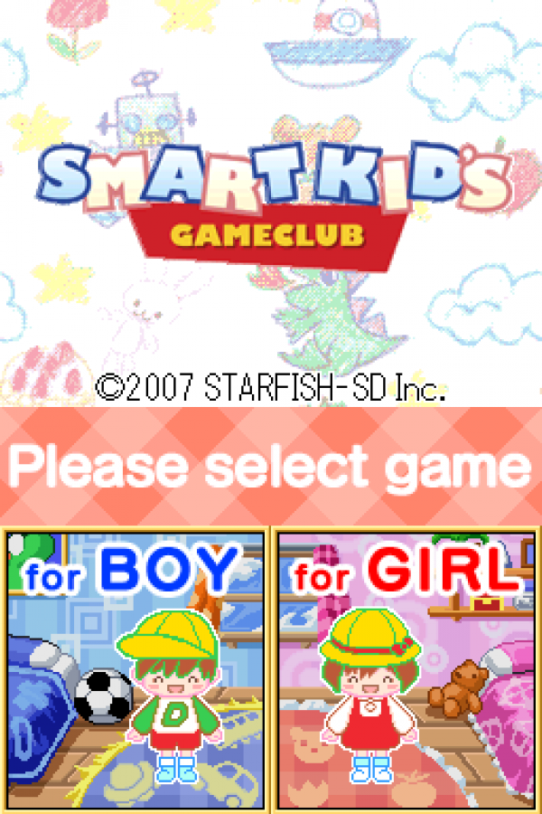 Smart Kid’s Gameclub Nintendo DS video game, educational mini-game collection, learning-focused gameplay, family-friendly handheld console title main menu title screen