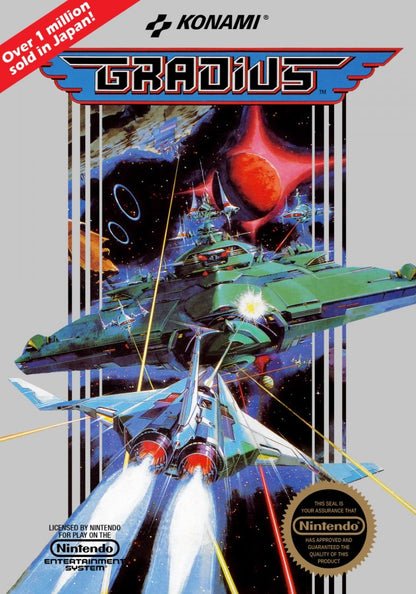 Gradius Nintendo Entertainment System NES video game featuring side scrolling shoot em up gameplay spaceship combat enemy waves power ups boss battles challenging levels and classic 8 bit arcade action retro video game collection collectible gaming appeal front cover art