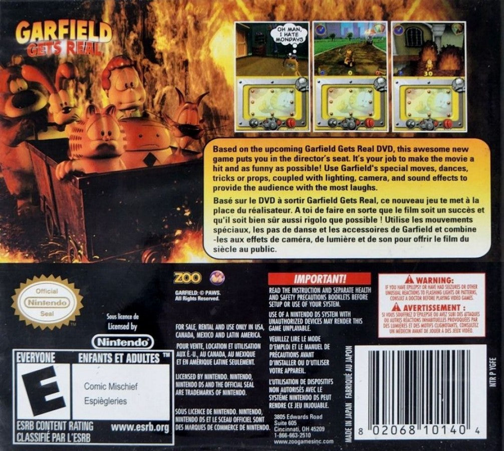 Garfield Gets Real back of case for Nintendo DS (DS) cartoon platforming adventure video game