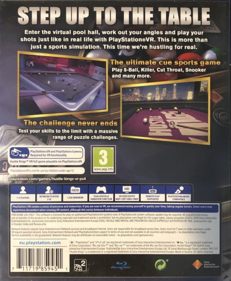 Hustle Kings VR [PAL Import] – PlayStation 4 (PS4) video game back of case, virtual reality pool and billiards simulation title for PS4