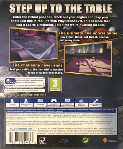 Hustle Kings VR [PAL Import] – PlayStation 4 (PS4) video game back of case, virtual reality pool and billiards simulation title for PS4