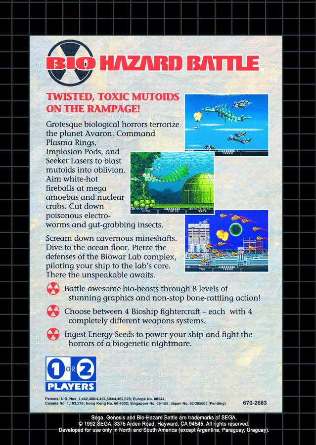 Bio-Hazard Battle game for the Sega Genesis featuring side scrolling shoot em up gameplay with organic themed environments weapon upgrades cooperative multiplayer and fast paced action as players pilot biomechanical ships through alien worlds back cover 
