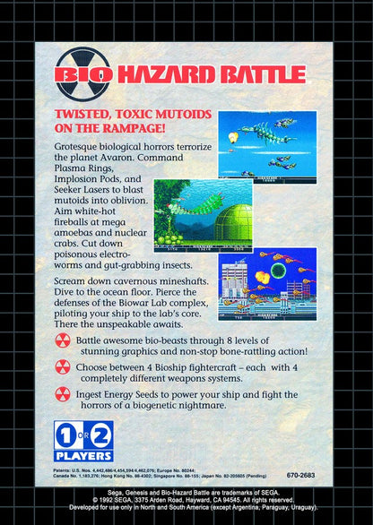 Bio-Hazard Battle game for the Sega Genesis featuring side scrolling shoot em up gameplay with organic themed environments weapon upgrades cooperative multiplayer and fast paced action as players pilot biomechanical ships through alien worlds back cover 