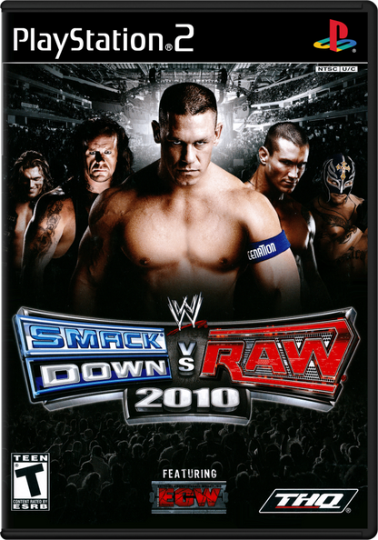 WWE SmackDown vs Raw 2010 PlayStation 2 PS2 video game featuring professional wrestling gameplay WWE superstars signature moves championship matches wrestling rivalries Road to WrestleMania story mode create a superstar character customization career challenges multiplayer matches and classic PlayStation 2 sports entertainment action retro video game collection collectible gaming appeal cover art