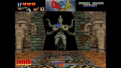Crypt Killer PlayStation PS1 for light gun shooter video game fans featuring first person arcade style gameplay haunted mansion environments terrifying monsters cooperative multiplayer horror action fast paced shooting classic retro gaming collectible appeal gameplay