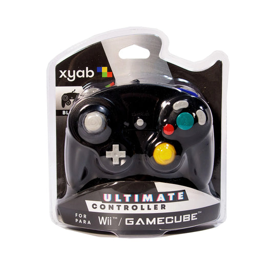 XYAB brand black GameCube controller wired retro gaming accessory for Nintendo GameCube and Wii systems