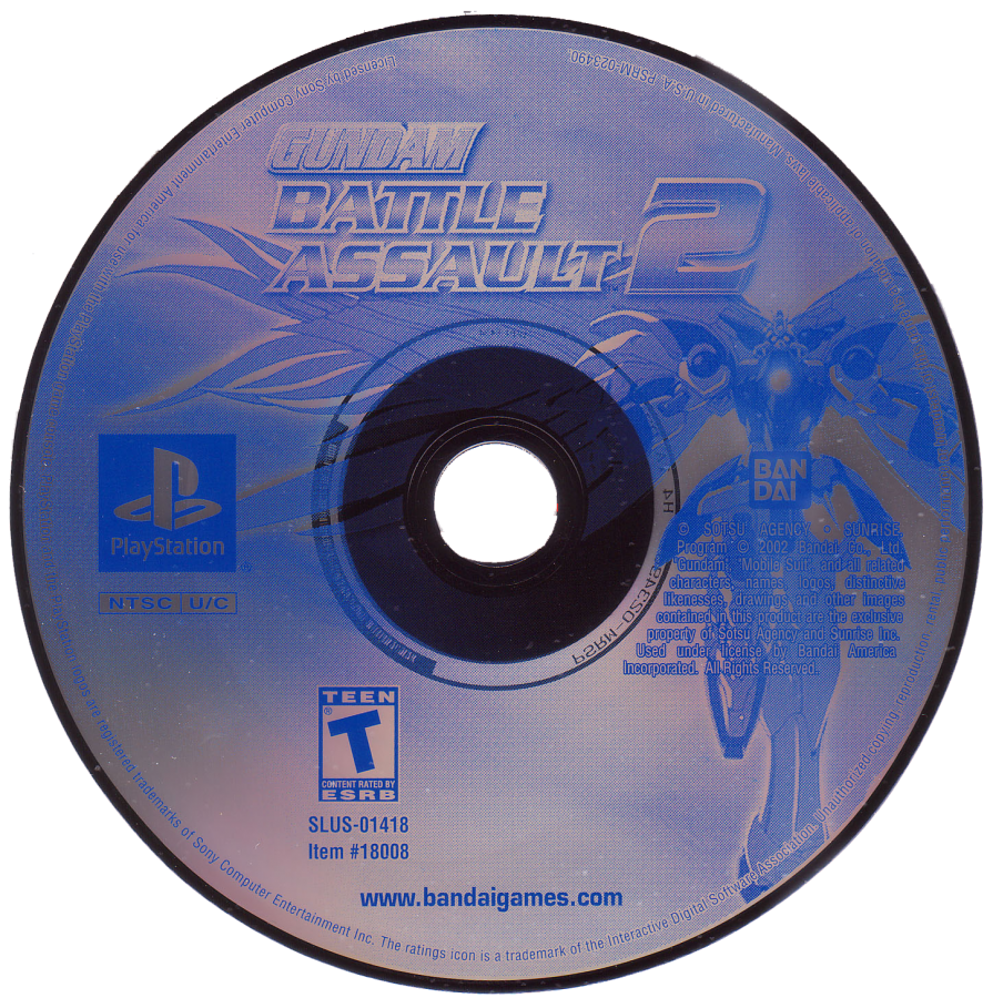 Disc art for Gundam Battle Assault 2 PlayStation 1 game featuring fast-paced 2D fighting action with classic Mobile Suit Gundam characters 