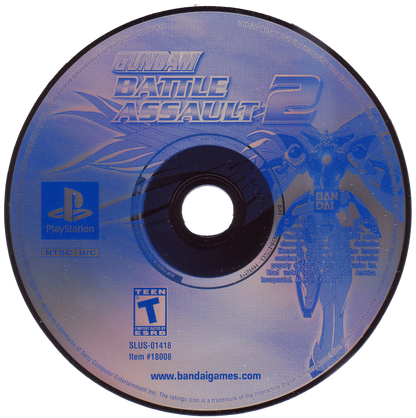 Disc art for Gundam Battle Assault 2 PlayStation 1 game featuring fast-paced 2D fighting action with classic Mobile Suit Gundam characters 