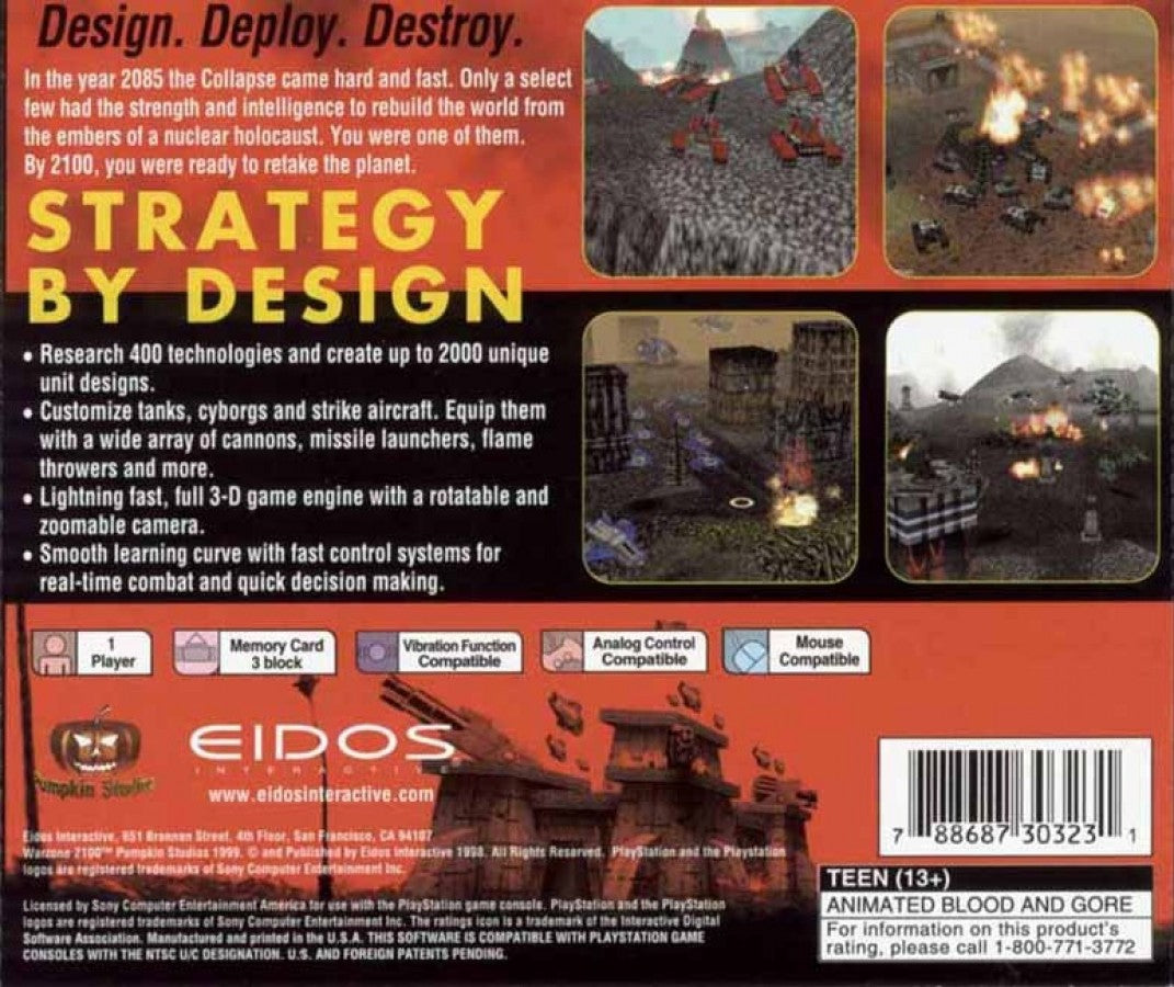 Warzone 2100 PlayStation PS1 for real time strategy video game fans featuring futuristic military warfare base building resource management tactical combat vehicle customization post apocalyptic battles strategic missions immersive sci fi gameplay classic PlayStation strategy collectible gaming appeal back cover art
