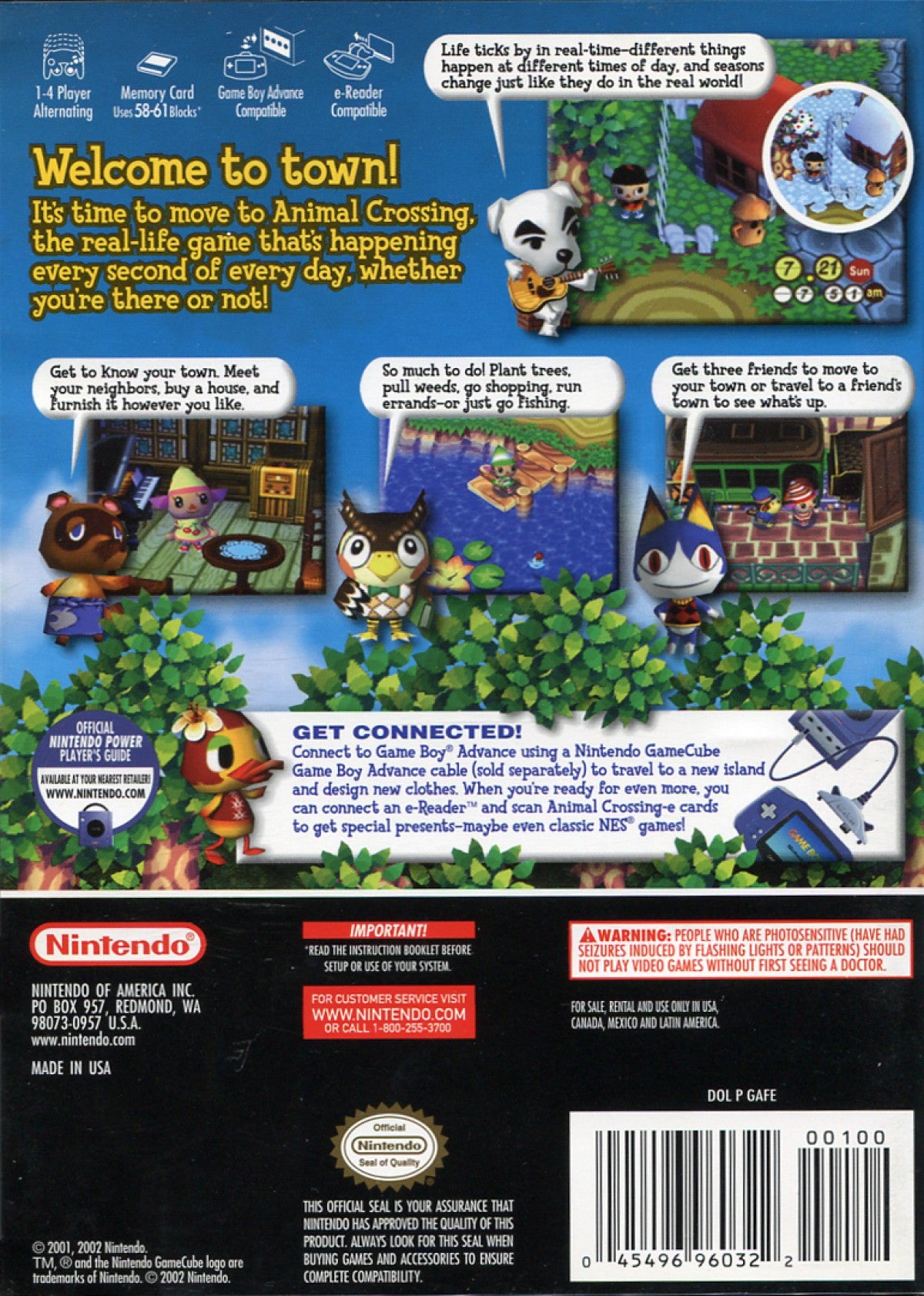 Animal Crossing GameCube life simulation video game Nintendo village living animal neighbors fishing bug catching fossil hunting Tom Nook shop real-time clock social interaction back cover