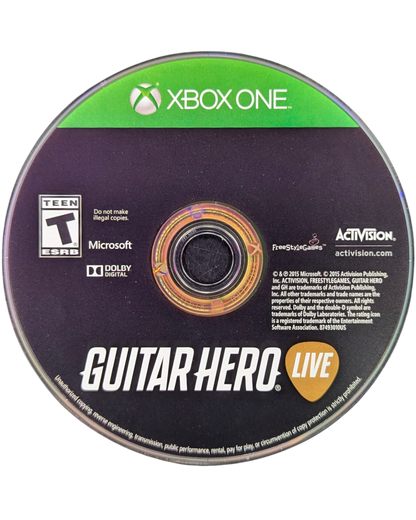 Guitar Hero Live Xbox One game featuring innovative live action concert gameplay, redesigned guitar controller support, and rhythm based music action disc