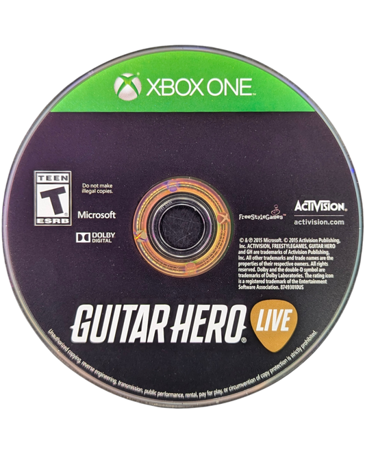 Guitar Hero Live Xbox One game featuring innovative live action concert gameplay, redesigned guitar controller support, and rhythm based music action disc