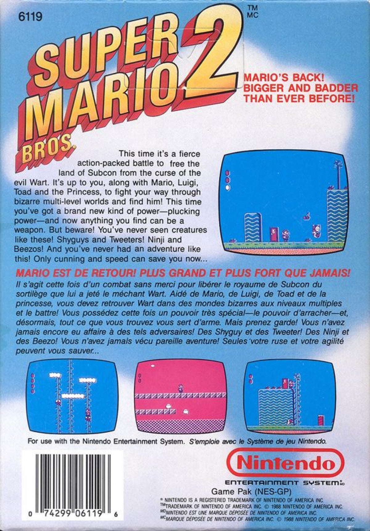 Super Mario Bros. 2 cartridge for the Nintendo Entertainment System featuring a colorful 8 bit platformer with Mario Luigi Princess Toadstool and Toad exploring dreamlike worlds with unique abilities and enemy throwing gameplay back cover