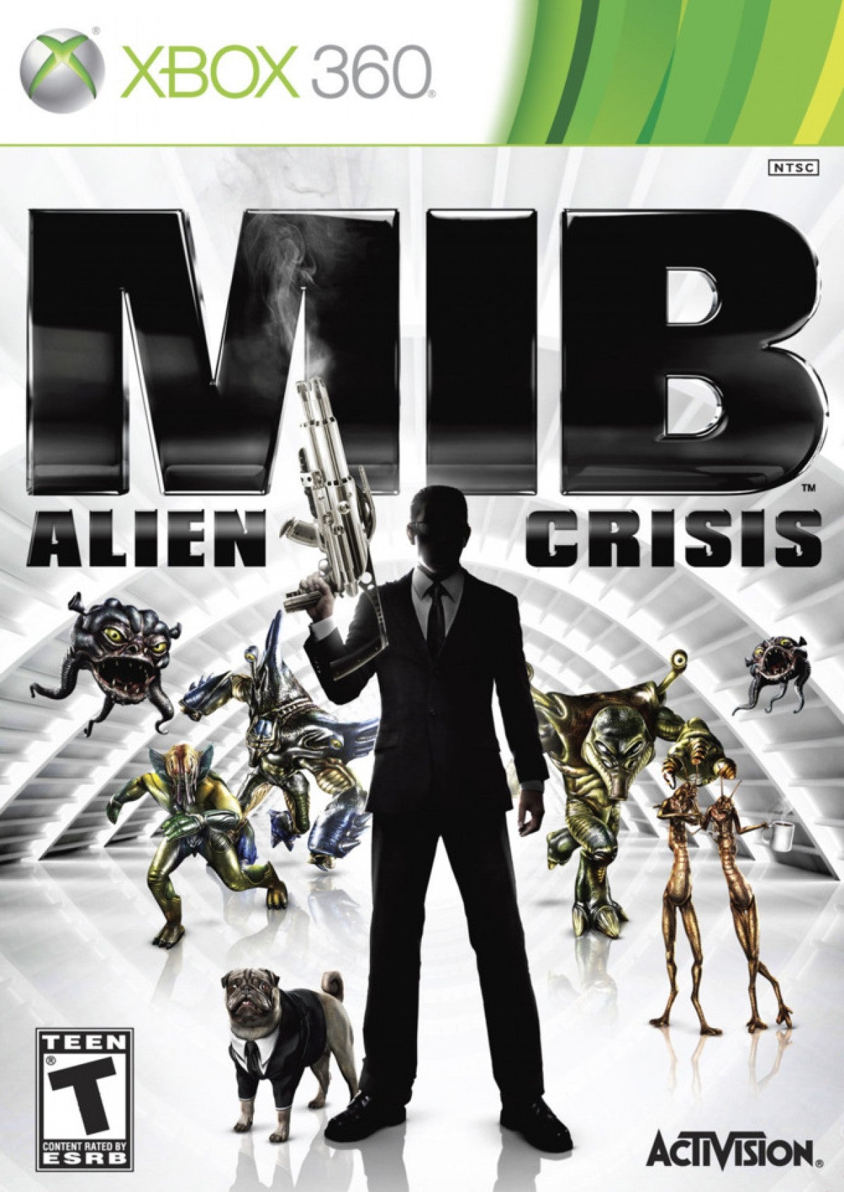 Men in Black Alien Crisis Xbox 360 cover art for retro video game enthusiasts featuring light gun style third person shooter gameplay alien invasion combat secret agent missions sci fi weapon arsenal cover based shooting mechanics and cinematic movie tie in action adventure experience and collectible gaming appeal cover art