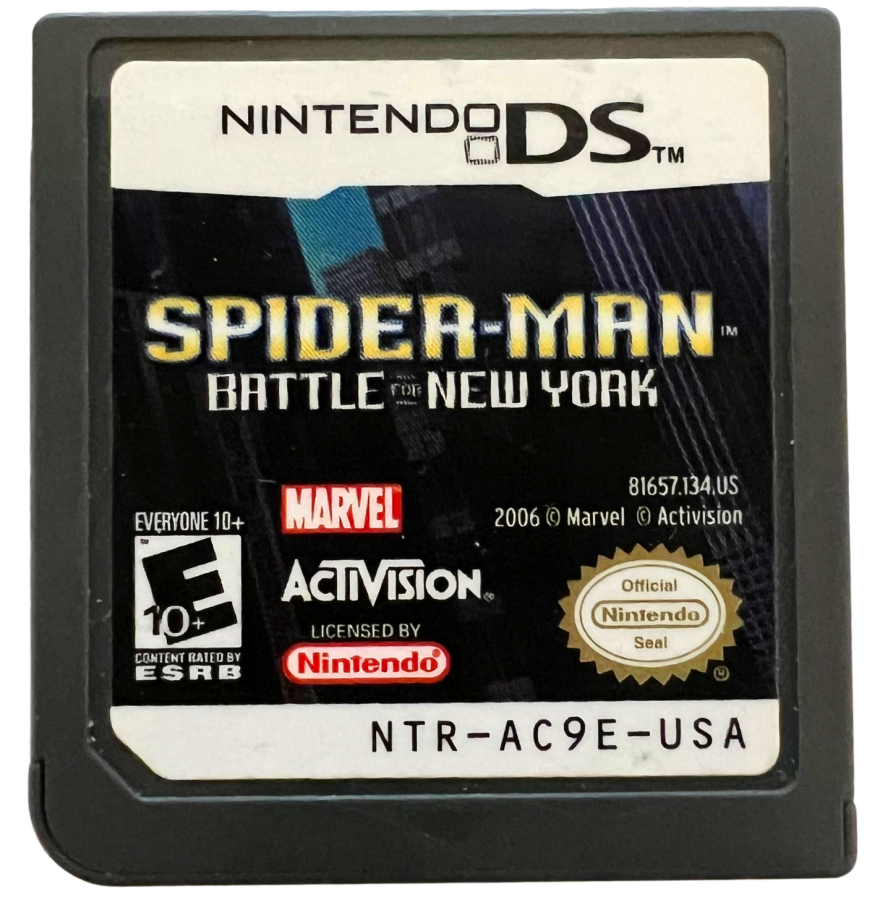 Spider-Man Battle for New York for Nintendo DS, cartridge for an action-adventure video game with superhero combat, web-slinging gameplay, mission-based progression, and comic-inspired storyline