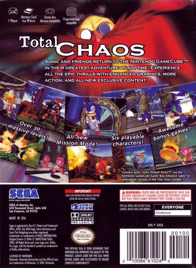 Sonic Adventure DX: Director's Cut Player’s Choice edition for the Nintendo GameCube is a re-release of the original 2003 title, featuring added content and budget-friendly packaging. back cover