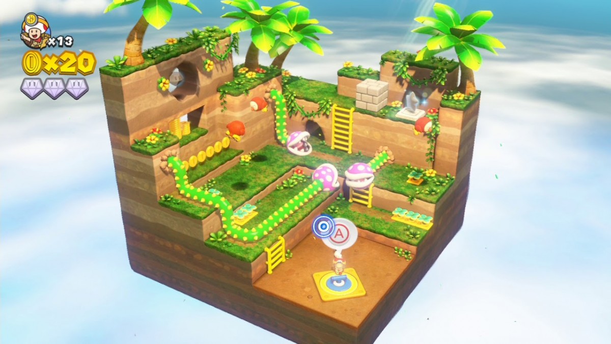 Retro Captain Toad Treasure Tracker Nintendo 3DS inspired design featuring charming puzzle platform adventure aesthetic colorful miniature diorama worlds Captain Toad exploration gameplay clever level navigation whimsical Nintendo handheld gaming nostalgia presentation gameplay  