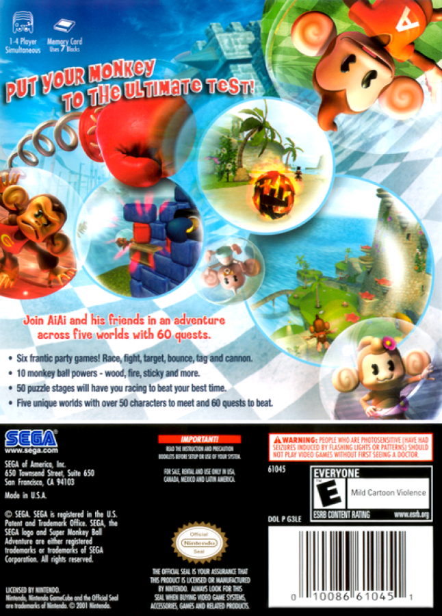 Super Monkey Ball Adventure back cover art GameCube game featuring action platforming gameplay with rolling challenges and open-world exploration 
