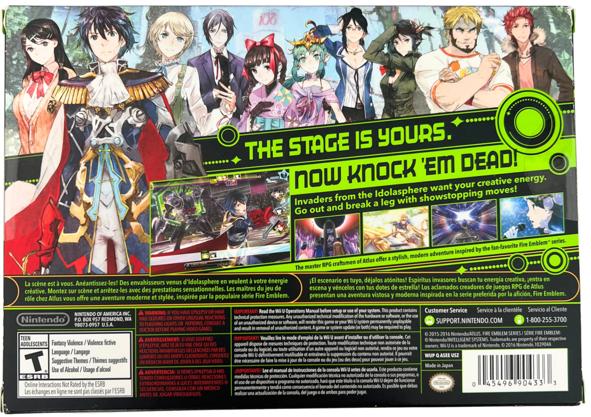Tokyo Mirage Sessions FE Special Edition retro Nintendo Wii U video game featuring fantasy JRPG combat, anime style storytelling, turn based battles and music inspired adventure gameplay - back of box