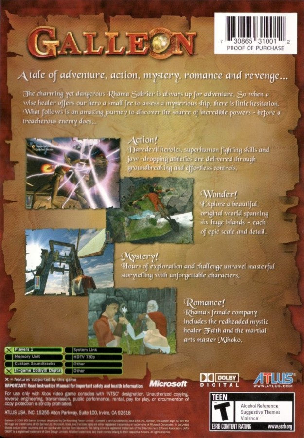 Galleon Islands of Mystery retro Xbox video game Galleon fantasy action adventure platform exploration pirate themed storytelling puzzle solving cinematic gameplay console title Xbox release back of case