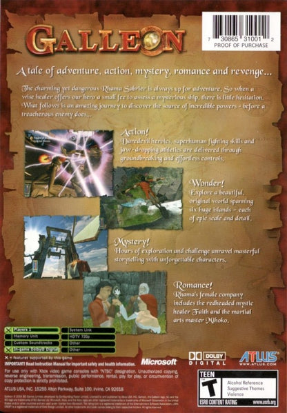 Galleon Islands of Mystery retro Xbox video game Galleon fantasy action adventure platform exploration pirate themed storytelling puzzle solving cinematic gameplay console title Xbox release back of case