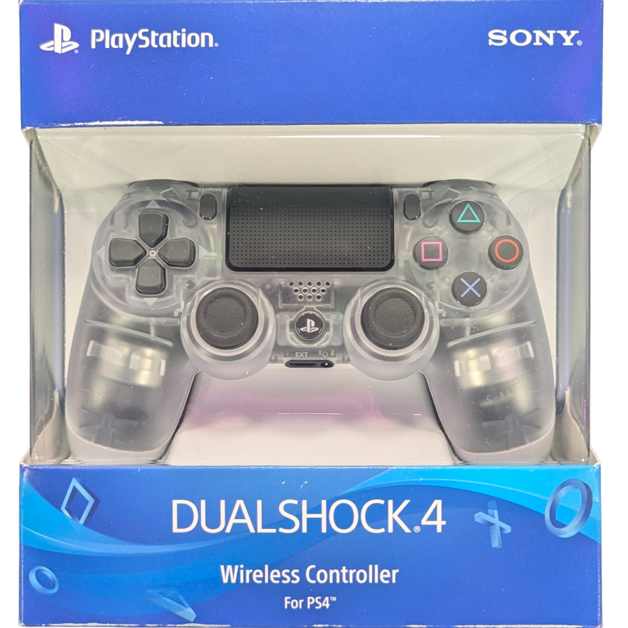 PS4 Dualshock 4 Crystal Controller for PlayStation 4 (PS4) accessory featuring a translucent crystal style shell with the standard Dualshock 4 layout including touchpad light bar and built in rechargeable battery; ideal as a primary or spare controller for PS4 gameplay and compatible titles front of real box
