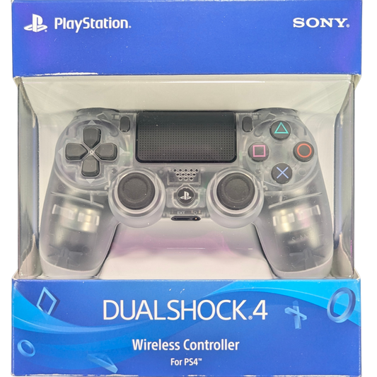 PS4 Dualshock 4 Crystal Controller for PlayStation 4 (PS4) accessory featuring a translucent crystal style shell with the standard Dualshock 4 layout including touchpad light bar and built in rechargeable battery; ideal as a primary or spare controller for PS4 gameplay and compatible titles front of real box