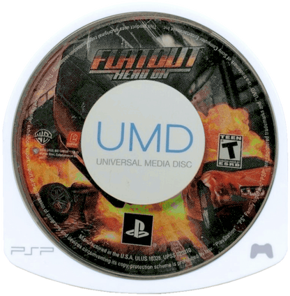 FlatOut Head On PSP inspired design featuring demolition racing action aesthetic high speed crashes destructive derby competition chaotic vehicle combat arcade style racing intense stunts explosive motorsport gameplay handheld gaming presentation UMD