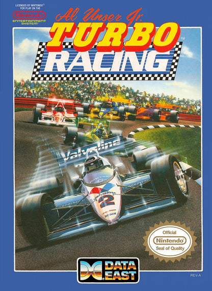 Al Unser Jr Turbo Racing Nintendo Entertainment System NES for retro video game enthusiasts featuring arcade racing gameplay open wheel motorsports high speed competition multiple race tracks responsive controls classic 8 bit driving action and collectible gaming appeal front cover
