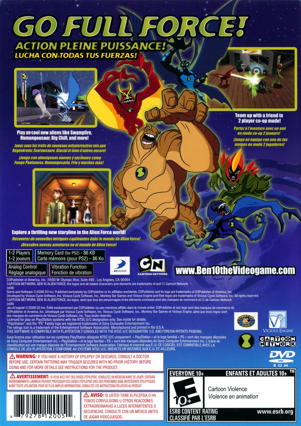 Ben 10 Alien Force PS2 Sony PlayStation 2 action adventure game based on Cartoon Network series Ben Tennyson alien transformations Omnitrix combat platforming puzzle solving story driven missions kids superhero gameplay retro gaming PlayStation 2 software video game title back cover art