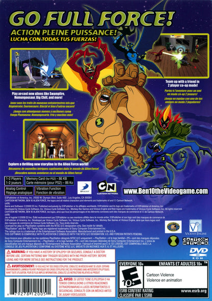 Ben 10 Alien Force PS2 Sony PlayStation 2 action adventure game based on Cartoon Network series Ben Tennyson alien transformations Omnitrix combat platforming puzzle solving story driven missions kids superhero gameplay retro gaming PlayStation 2 software video game title back cover art