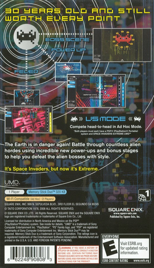 Space Invaders Extreme PlayStation Portable PSP for arcade shooter video game fans featuring fast paced alien invasion gameplay vibrant visual effects chain combo scoring power ups rhythm inspired mechanics classic Taito action challenging levels collectible gaming appeal back cover art