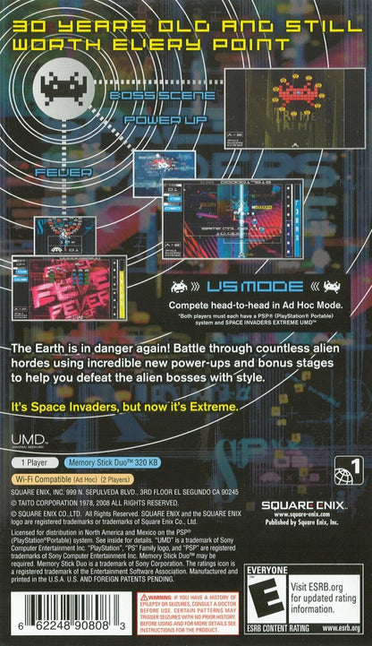 Space Invaders Extreme PlayStation Portable PSP for arcade shooter video game fans featuring fast paced alien invasion gameplay vibrant visual effects chain combo scoring power ups rhythm inspired mechanics classic Taito action challenging levels collectible gaming appeal back cover art