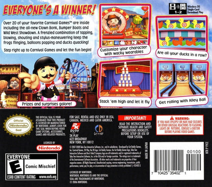 New Carnival Games for Nintendo DS, back of case for a party mini-game video game with carnival-themed challenges, arcade-style gameplay, multiplayer modes, and casual family-friendly fun