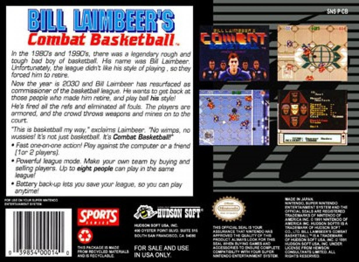 Bill Laimbeer's Combat Basketball Super Nintendo SNES futuristic sports video game set in 2030 weapons and mines legal no referees robot players overhead perspective league play back box cover