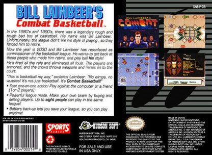 Bill Laimbeer's Combat Basketball Super Nintendo SNES futuristic sports video game set in 2030 weapons and mines legal no referees robot players overhead perspective league play back box cover