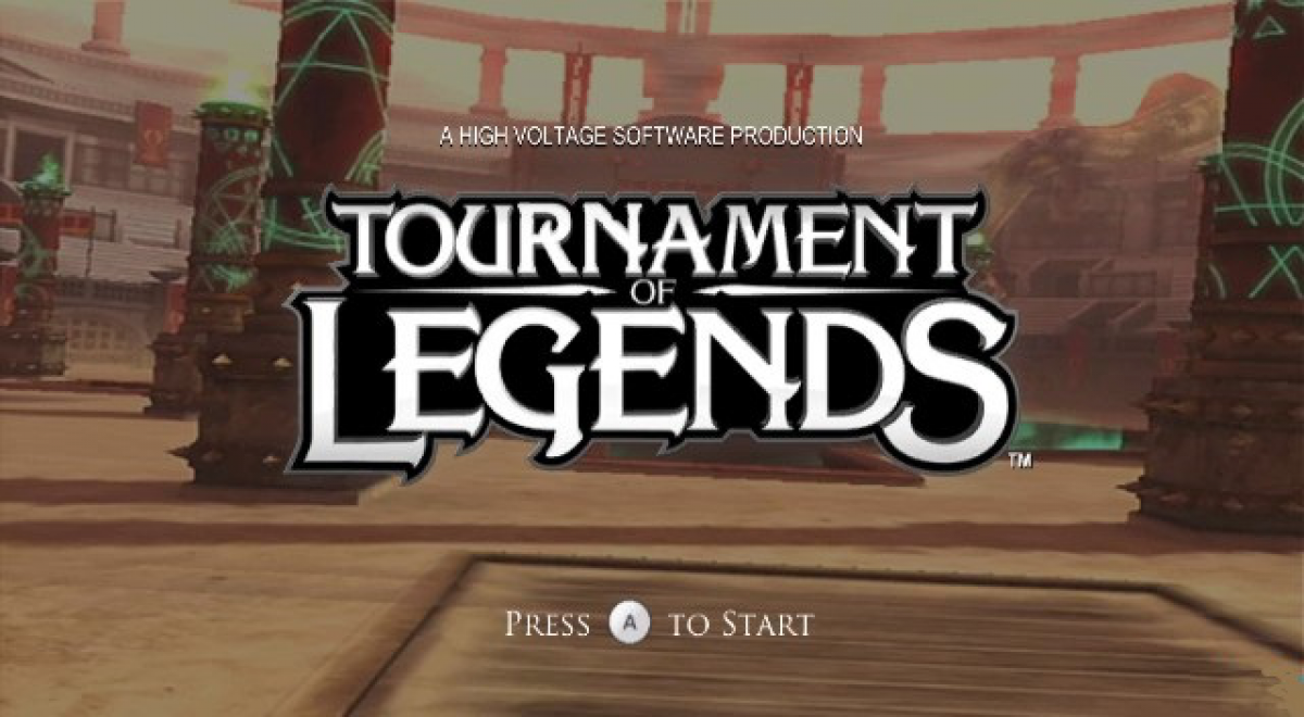 Tournament of Legends title screen for Nintendo Wii (Wii) featuring mythological 3D arena battles with motion‑controlled weapons, magical attacks, and legendary warriors.