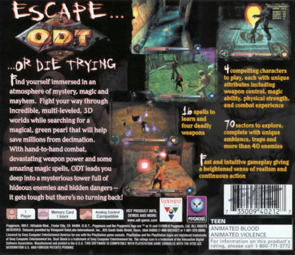 ODT: Escape or Die Trying PlayStation 1 PS1 for action adventure retro video game fans featuring fantasy exploration puzzle solving platforming combat mysterious worlds challenging quests cinematic gameplay collectible gaming appeal back of case