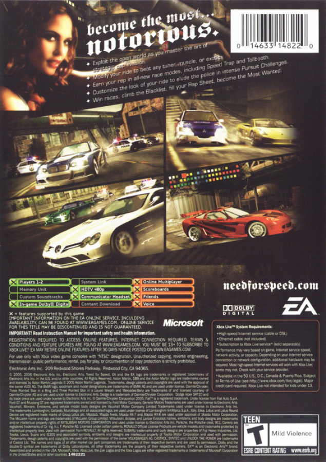 Back cover art for 'Need for Speed ProStreet' on Xbox 360 with Xbox and EA logos.
