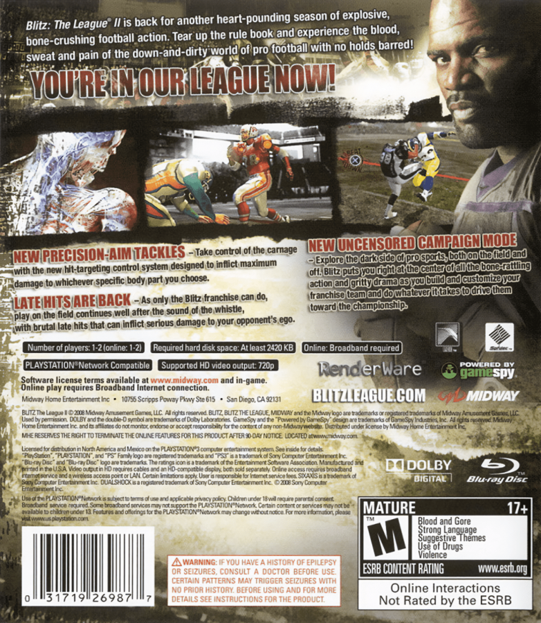 Blitz: The League II back cover art for PlayStation 3 (PS3) video game