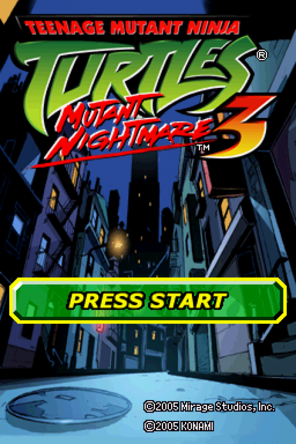 Teenage Mutant Ninja Turtles 3: Mutant Nightmare start screen for Nintendo DS (DS) action beat 'em up video game