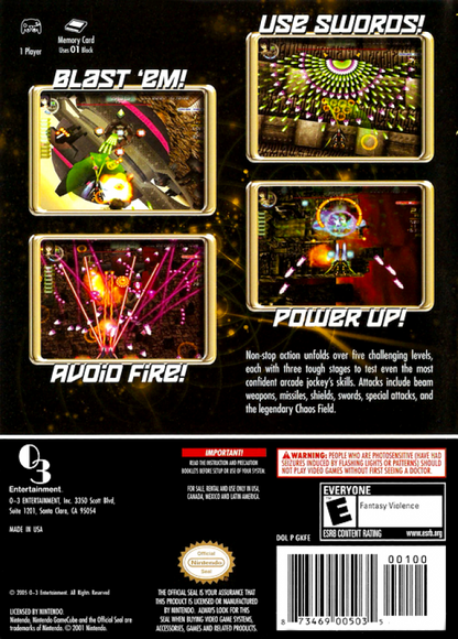 Chaos Field GameCube game featuring vertical scrolling shooter gameplay and intense arcade bullet-hell action back cover