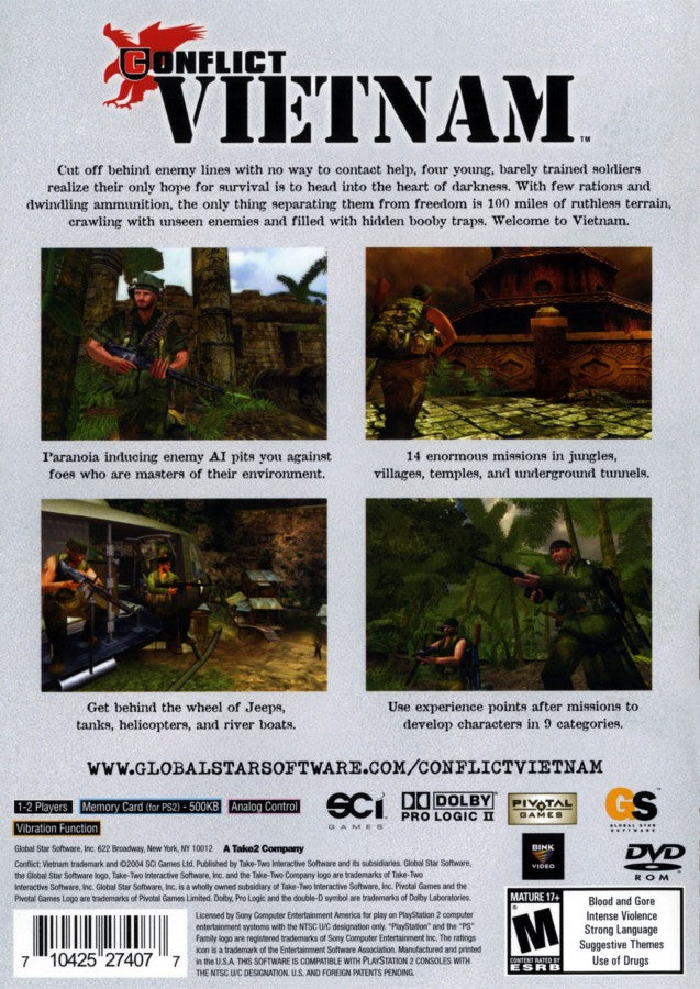 Conflict Vietnam PlayStation 2 PS2 for tactical military shooter video game fans featuring squad based combat Vietnam War missions realistic weapons strategic team commands cooperative gameplay intense firefights historical military action immersive campaign collectible gaming appeal back cover art