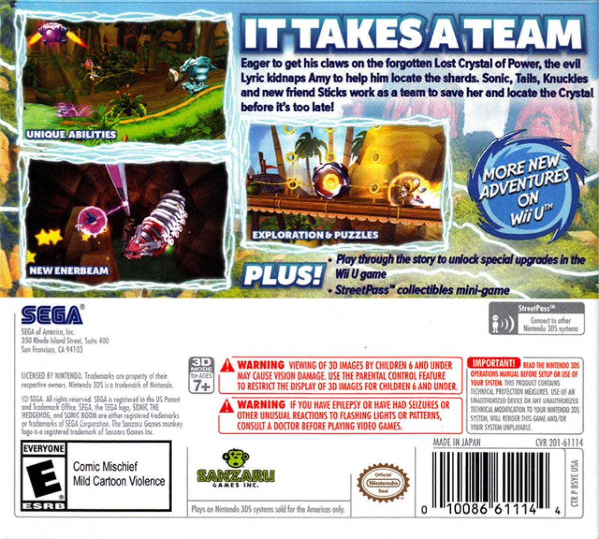 Sonic Boom Shattered Crystal Nintendo 3DS video game featuring action platforming gameplay Sonic the Hedgehog Tails Knuckles Amy Rose and Sticks high speed running exploration side scrolling adventure puzzle solving combat challenges collectible crystals hidden secrets and colorful island environments classic Nintendo 3DS gameplay retro video game collection collectible gaming appeal back cover art