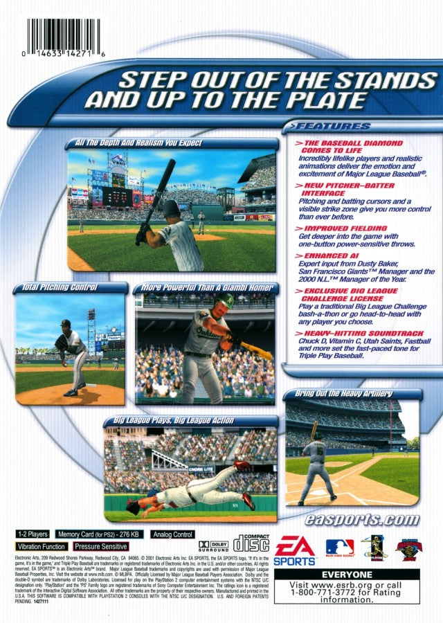 Triple Play Baseball for PlayStation 2 sports baseball video game featuring fast paced arcade style gameplay official MLB teams power ups and classic EA Sports baseball experience back cover