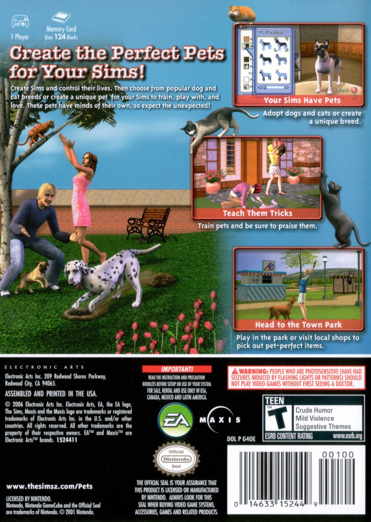 Back cover for The Sims 2 Pets GameCube GC video game, life simulation, virtual pet care, family-friendly gameplay, Nintendo GameCube classic