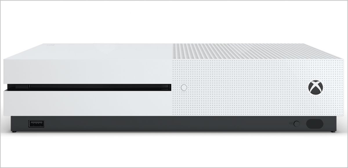Front view of a white Xbox One S gaming console with disc drive and sleek design
