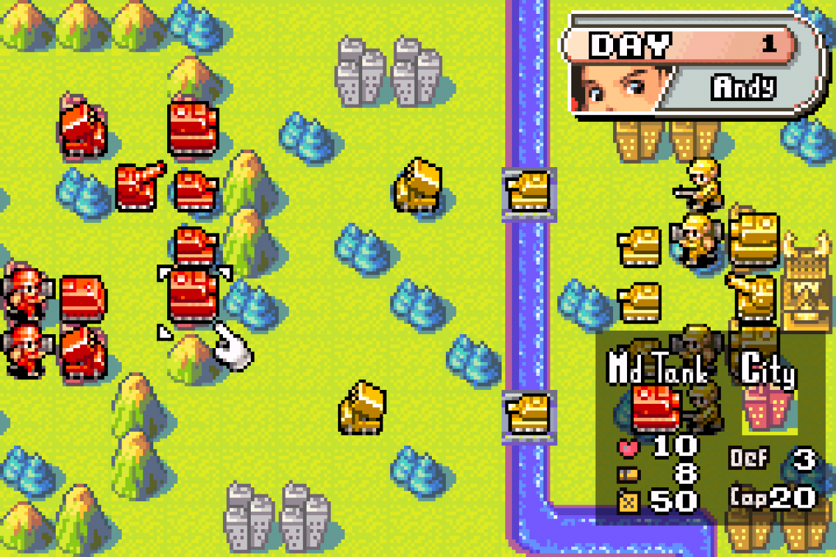 Advance Wars 2 Black Hole Rising cartridge for the Game Boy Advance featuring turn based strategy gameplay with grid based combat commanding armies multiple factions and challenging campaign missions against the Black Hole army gameplay