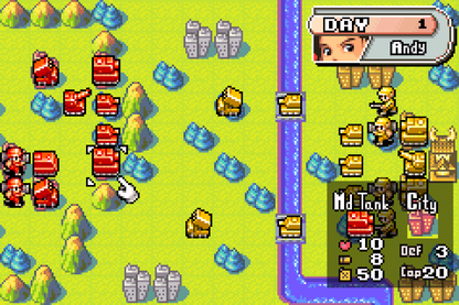 Advance Wars 2 Black Hole Rising cartridge for the Game Boy Advance featuring turn based strategy gameplay with grid based combat commanding armies multiple factions and challenging campaign missions against the Black Hole army gameplay