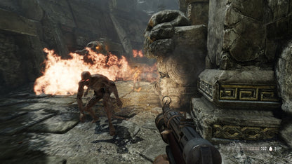 Deadfall Adventures first person action adventure video game featuring pulp style treasure hunting fast paced shooting ancient ruins puzzles and an Indiana Jones inspired cinematic gameplay experience gameplay